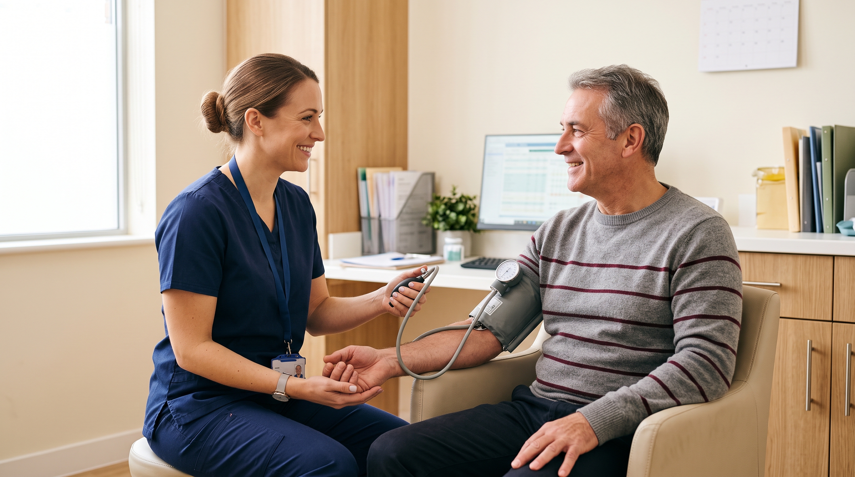 Check-up sırasında tansiyon ölçen hemşire