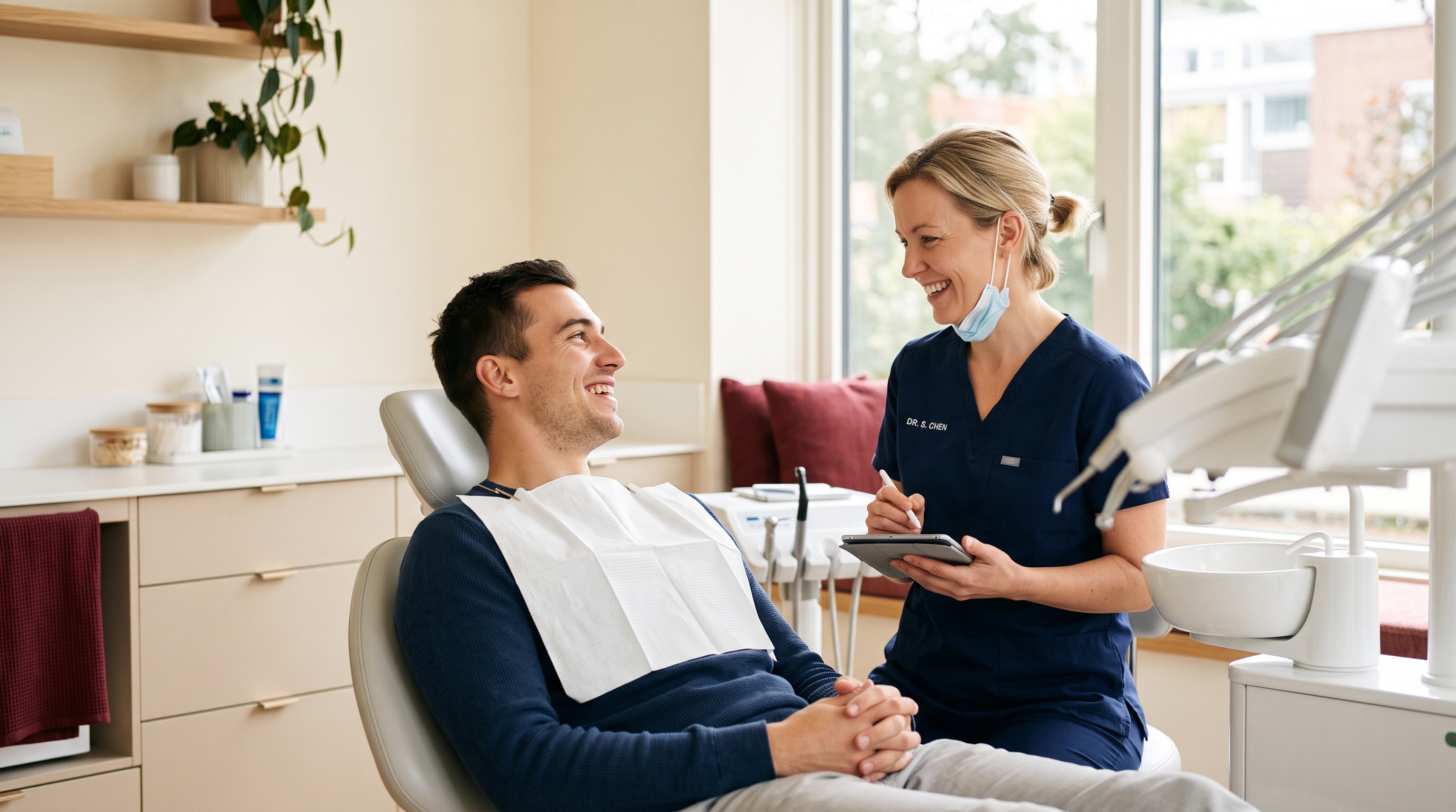 Diş hekimi ile gülümseyen hasta, modern diş kliniğinde