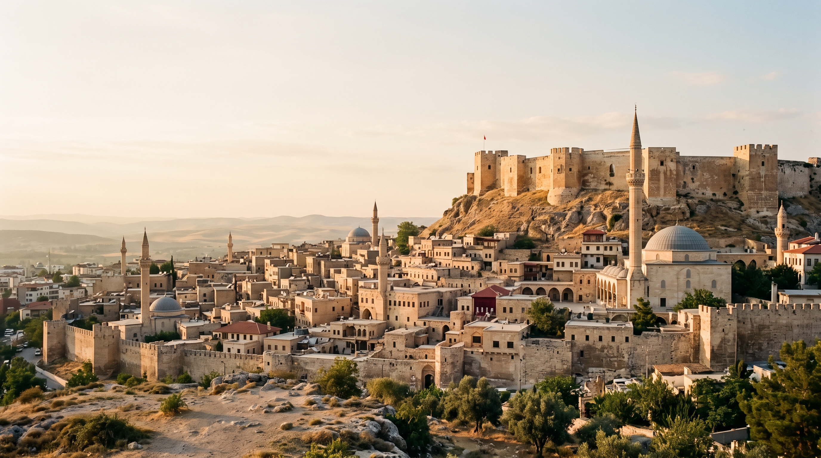 Gün batımında Gaziantep Kalesi ve tarihi kent dokusu