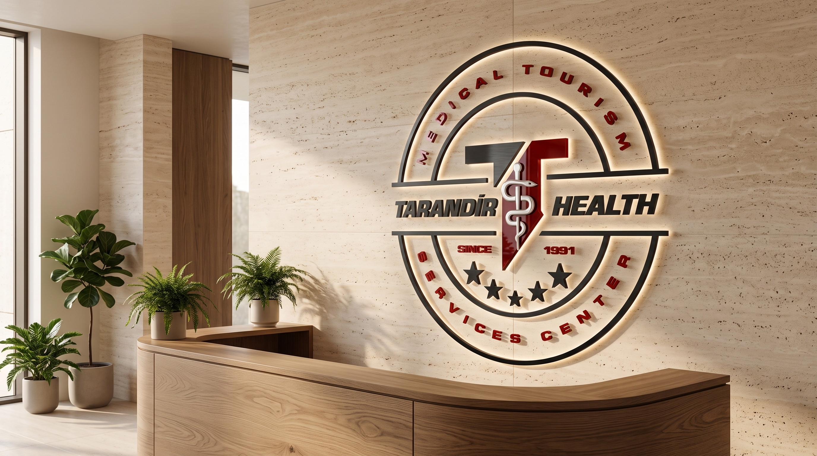Tarandir Health logosu, karşılama alanındaki kurumsal duvarda